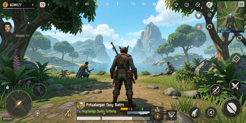 Screenshot gameplay BOWO77 yang menampilkan pemukiman yang indah di dunia terbuka.