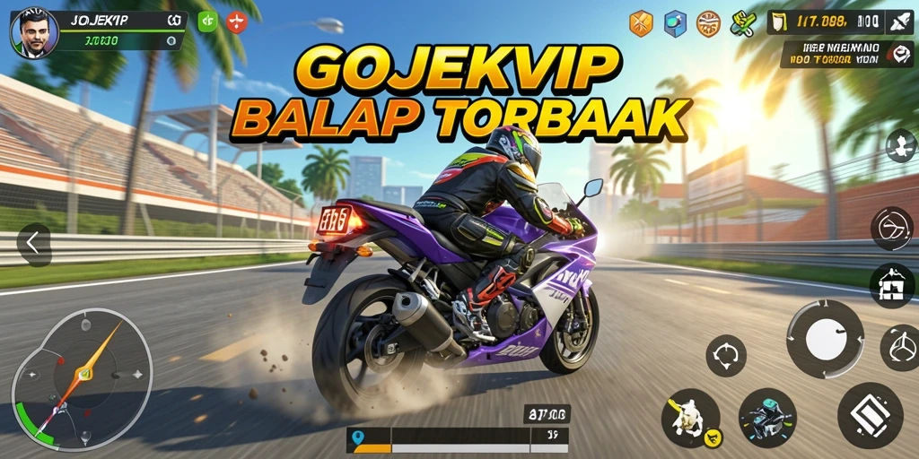 Tampilan gameplay GOJEKVIP yang seru dan mendebarkan saat balapan motor.