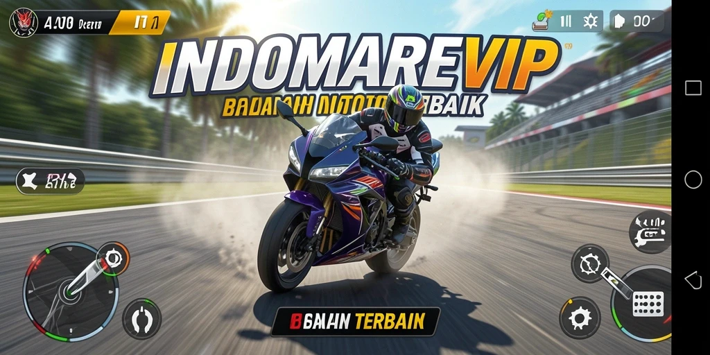 Tampilan gameplay mendebarkan dari INDOMAREVIP saat balapan motor.
