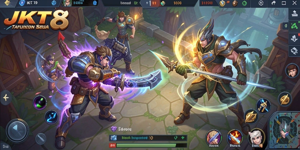 Tampilan gameplay seru JKT8 dalam pertarungan MOBA.