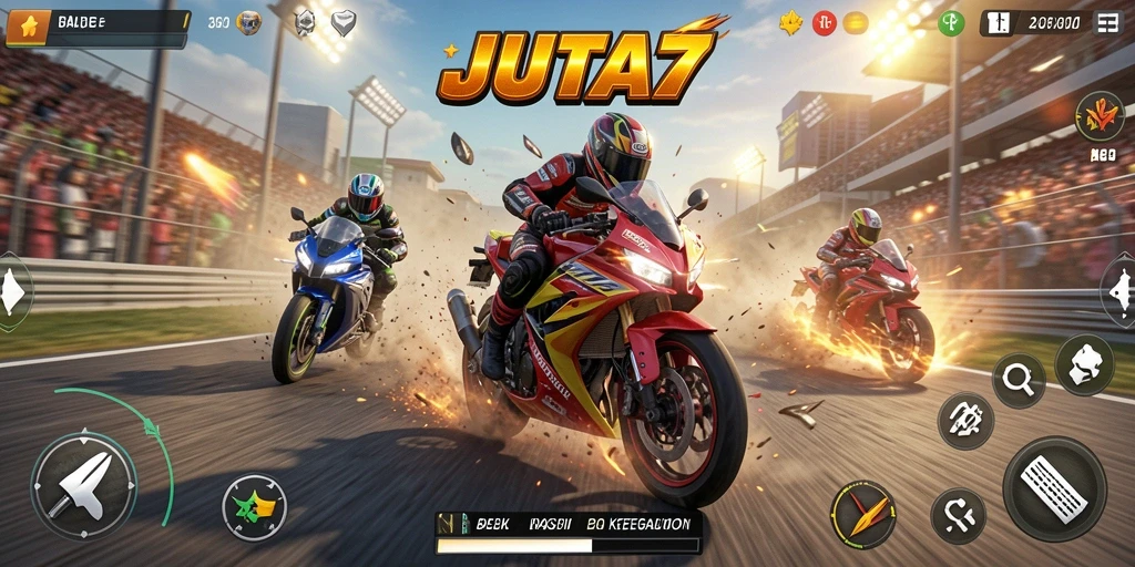 Tampilan gameplay seru dan mendebarkan dari JUTA7 saat balapan motor.